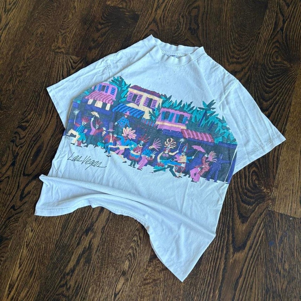 Vintage 90s Auster Las Vegas Wraparound AOP Single Stitch Festival Thrashed Tee